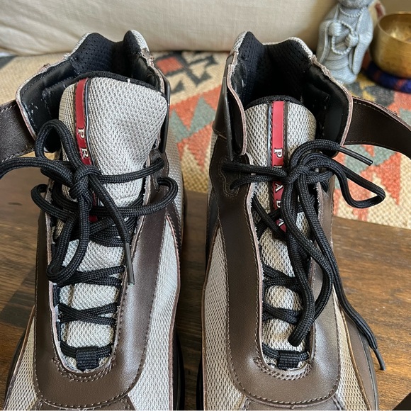 Prada Vernice Brown Leather And Mesh High Top Sneakers US9 - Picture 7 of 17